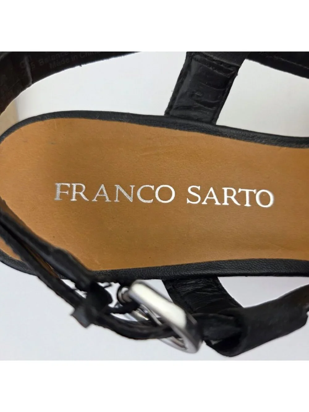 Franco Sarto Black Leather Wedge Espadrille Sandals Size 8.5